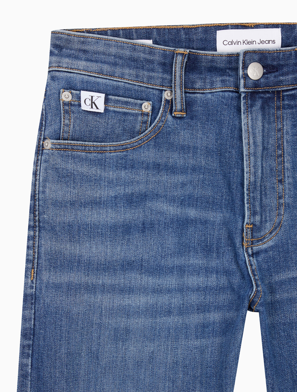 Buy 남성 슬림 스트레이트핏 미드블루 크롭 데님 in color MID BLUE BACK EMBRO