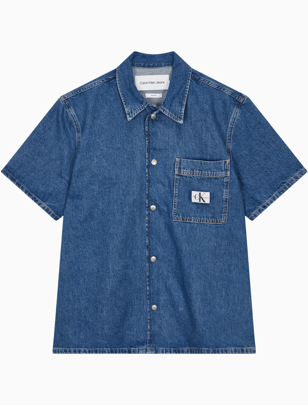 Buy 남성 데님 캠프 반팔 셔츠 in color MID BLUE BACK EMBRO
