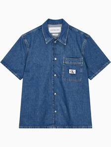 Buy 남성 데님 캠프 반팔 셔츠 in color MID BLUE BACK EMBRO