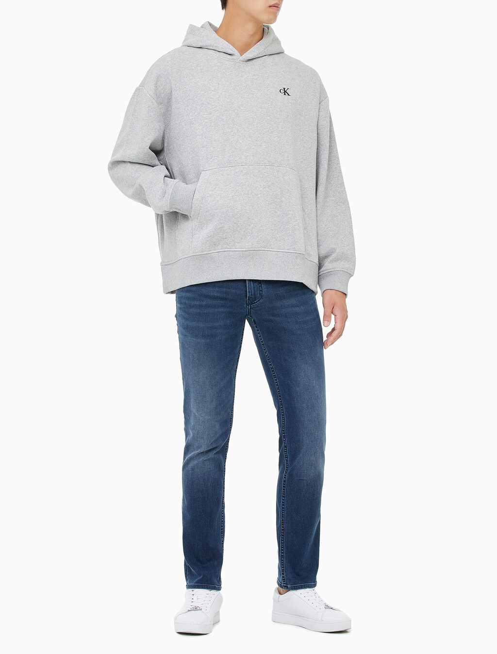 Buy 남성 아카이브 릴렉스핏 CK 스몰 로고 기모 후디 in color GREY HEATHER