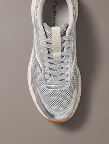 Buy 여성 하이크 러너 CK 스트라이프 메쉬 레더 메탈 스니커즈 in color Silver/Dk Ecru/Light Gum
