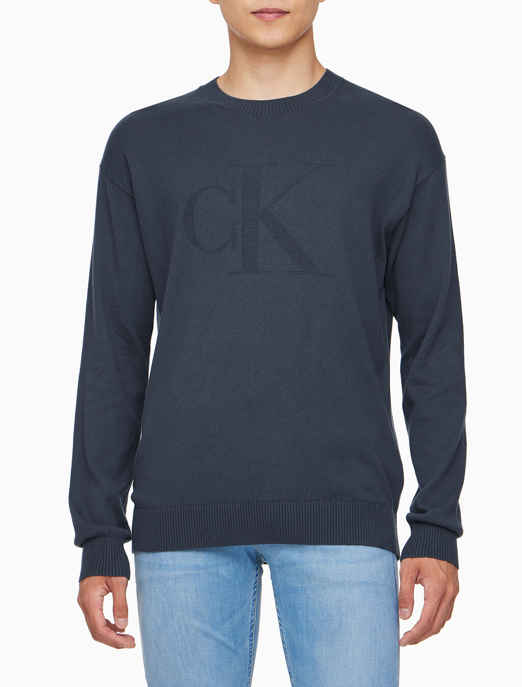 Buy 남성 CK 인타르시아 믹스 스티치 스웨터 in color NAVY