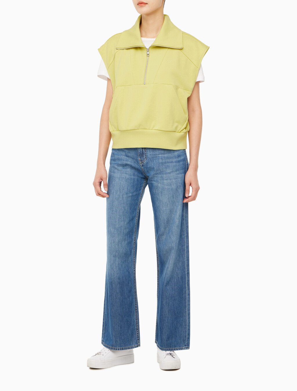 Buy 여성 드롭숄더 하프집업 슬리브리스 니트탑 in color YELLOW SAND