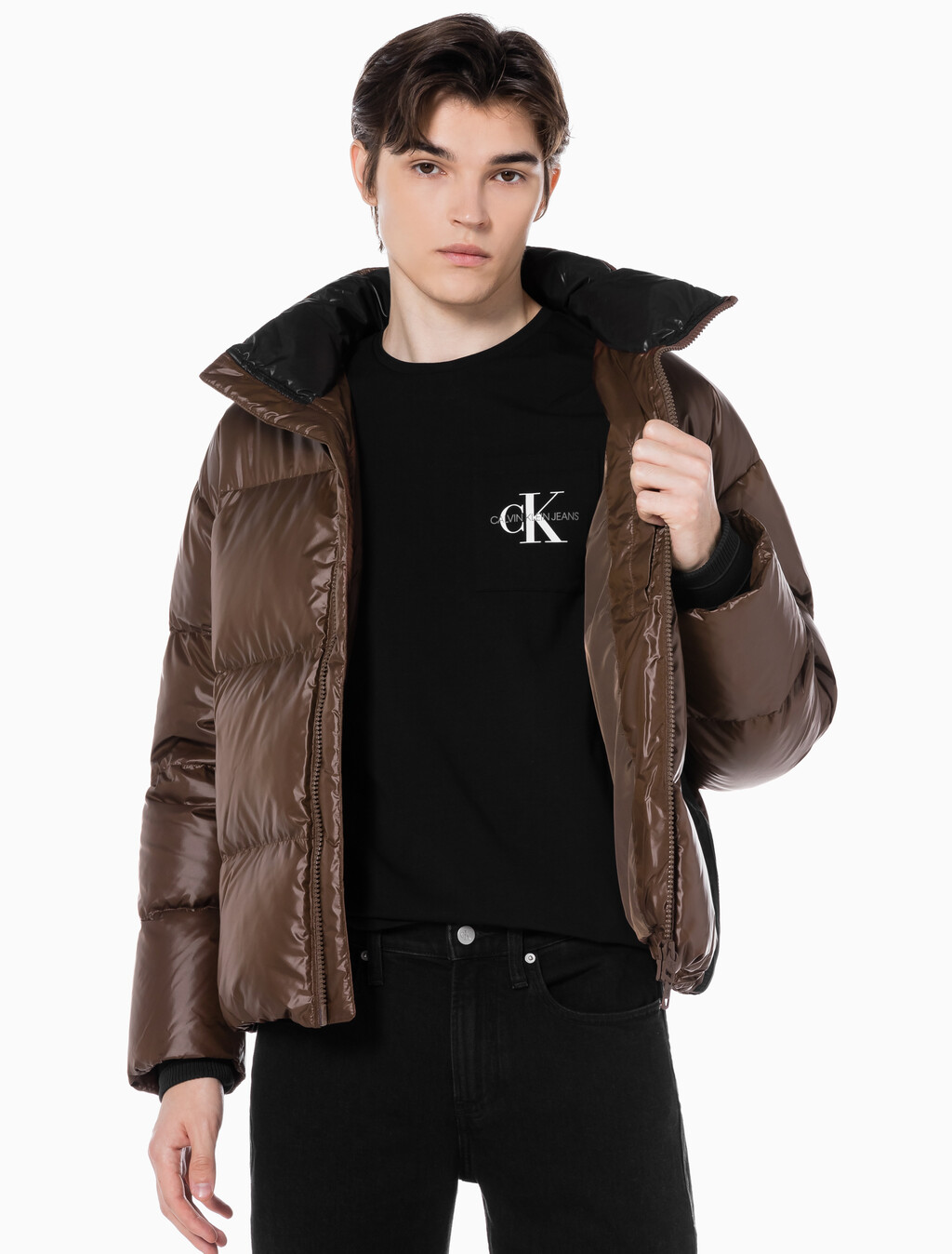 Buy 남녀공용 글로시 숏 푸퍼 in color DARK BROWN