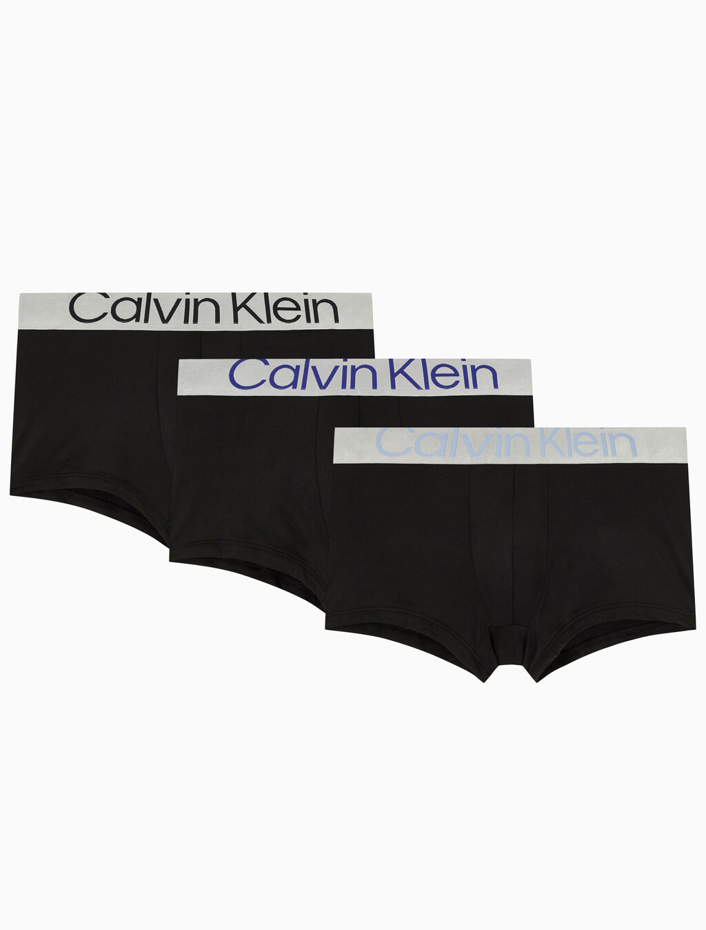 Buy 남성 CK 리컨시더드 스틸 마이크로 로우 라이즈 트렁크 3PK in color BLACK WITH BLACK LOGO/ HIDEAWAY BLUE LOGO/ BEL AIR BLUE LOGO
