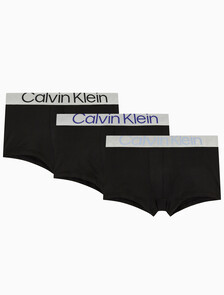 Buy 남성 CK 리컨시더드 스틸 마이크로 로우 라이즈 트렁크 3PK in color BLACK WITH BLACK LOGO/ HIDEAWAY BLUE LOGO/ BEL AIR BLUE LOGO