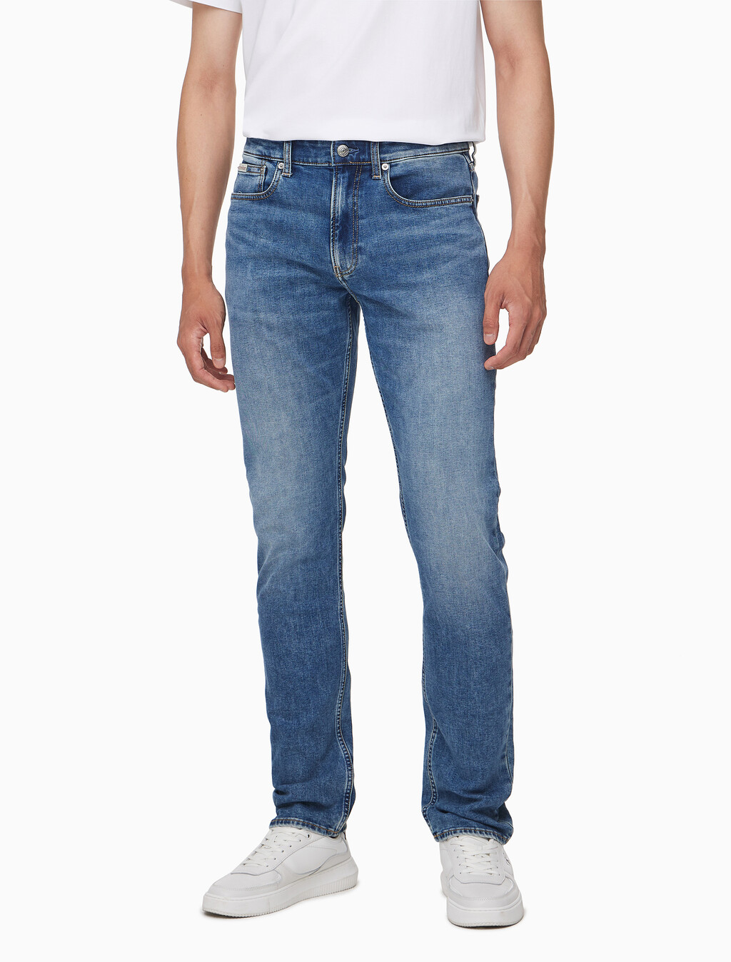 Buy 남성 어센틱 스트레이트핏 미드블루 기모 데님 in color MID BLUE BACK EMBRO
