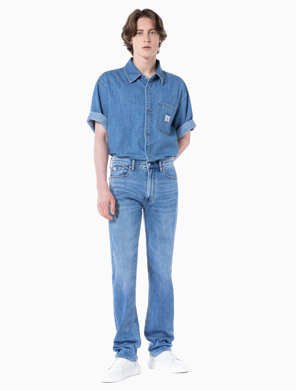 Buy 남성 스탠다드 스트레이트핏 미드블루 워시 데님 in color MID BLUE BACK EMBRO