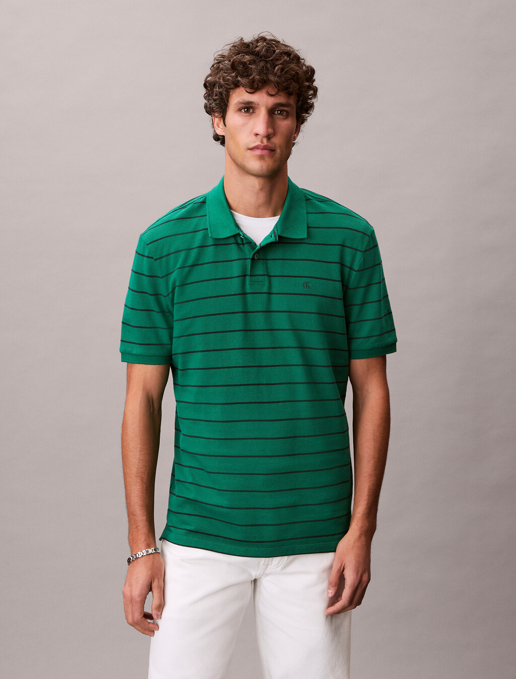 Buy 스트라이프 피크 모노그램 폴로 티 in color Green