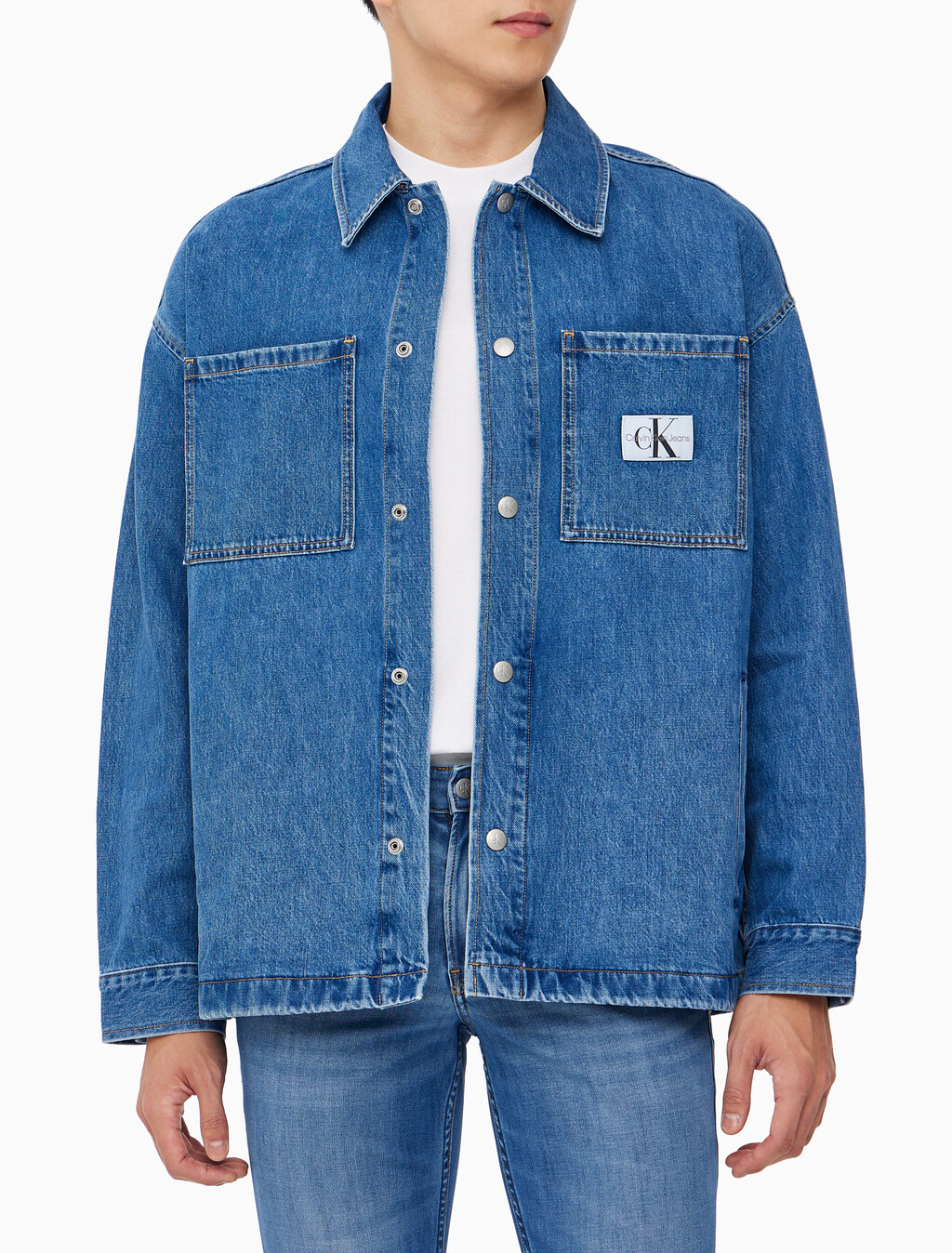 Buy 남성 오버사이즈 데님 셔츠 in color MID BLUE BACK EMBRO