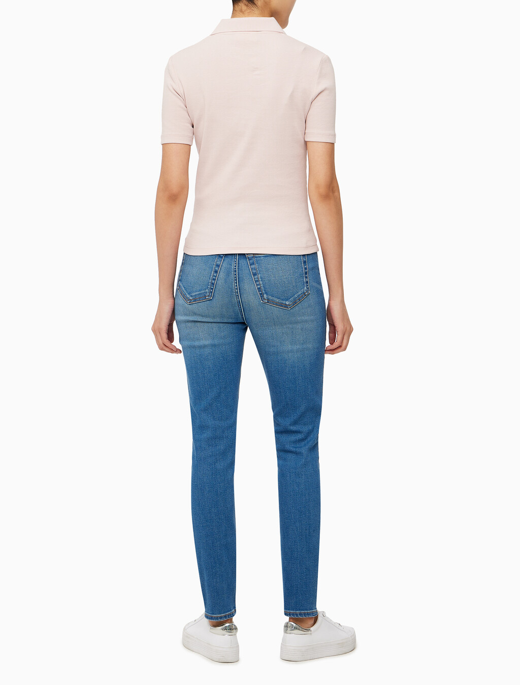 Buy 여성 슬림핏 립 브이넥 폴로 티셔츠 in color PINK