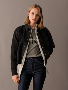Buy 여성 크롭 대드 데님 셔츠 in color WASHED BLACK LOGO LACE