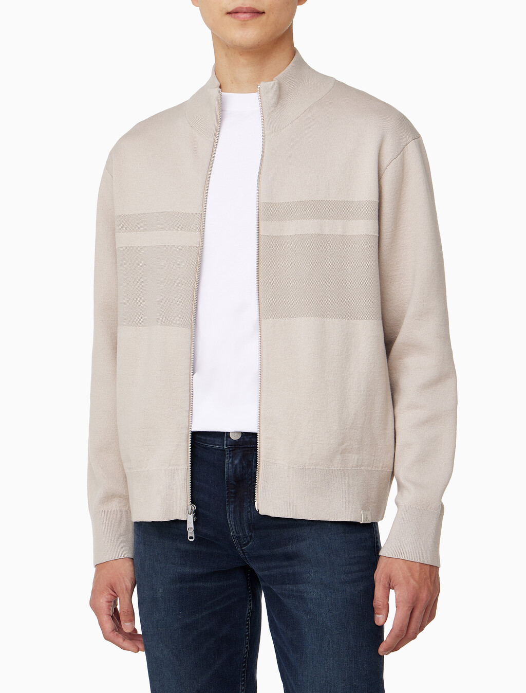 Buy 남성 릴렉스핏 스트라이프 집업 니트 가디건 in color BEIGE
