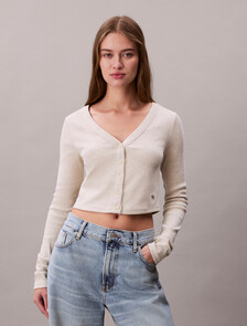 Buy 여성 우븐라벨 베이비립 가디건 in color VANILLA HEATHER