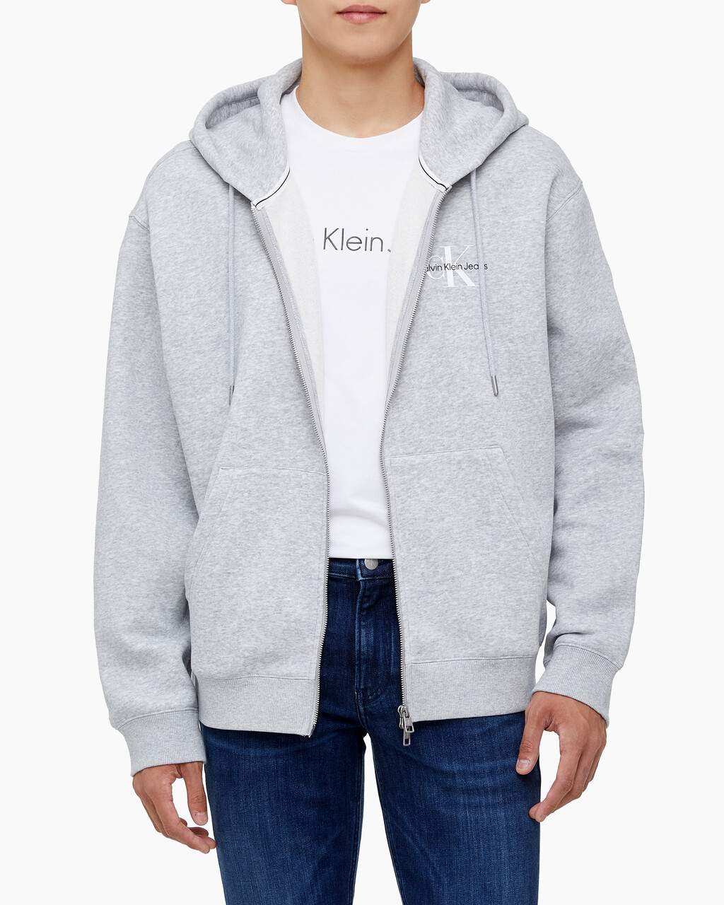 Buy 남녀공용 릴렉스핏 모노그램 집업 후디 in color LIGHT GREY HEATHER