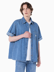 Buy 남성 캠프 반팔 데님 셔츠 in color MID BLUE BACK EMBRO