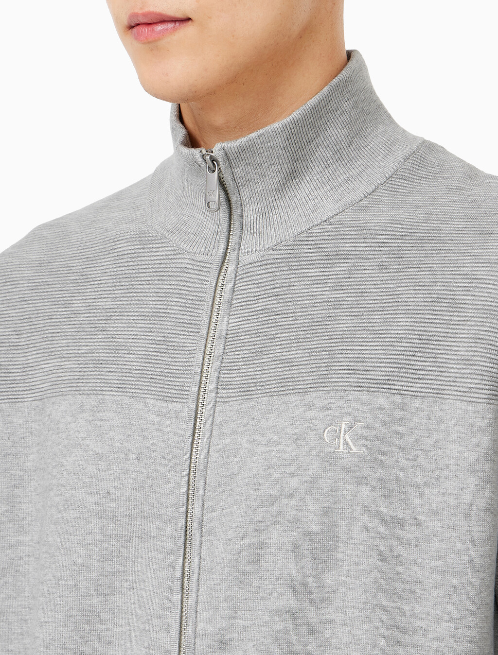 Buy 남성 스탠드 카라 니트 집업 가디건 in color LIGHT GREY HEATHER