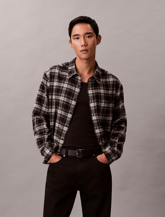 남성 플레이드 플란넬 크롭드 릴렉스드 셔츠