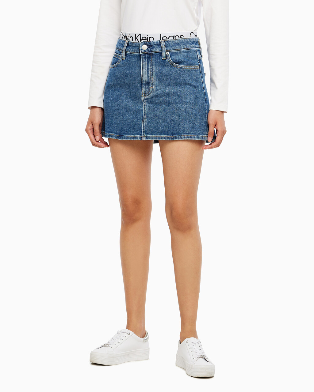 Buy 여성 로우 라이즈 A라인 데님 스커트 in color MID BLUE BACK EMBRO