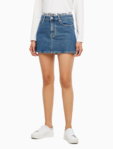 Buy 여성 로우 라이즈 A라인 데님 스커트 in color MID BLUE BACK EMBRO