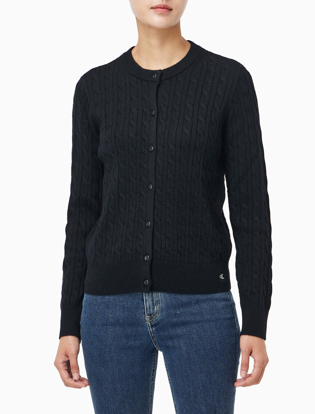 Buy 여성 울 케이블 크루넥 가디건 in color BLACK