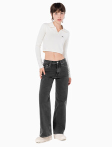 Buy 여성 하이라이즈 와이드핏 데님 in color GREY STEPPED RELEASE HEM
