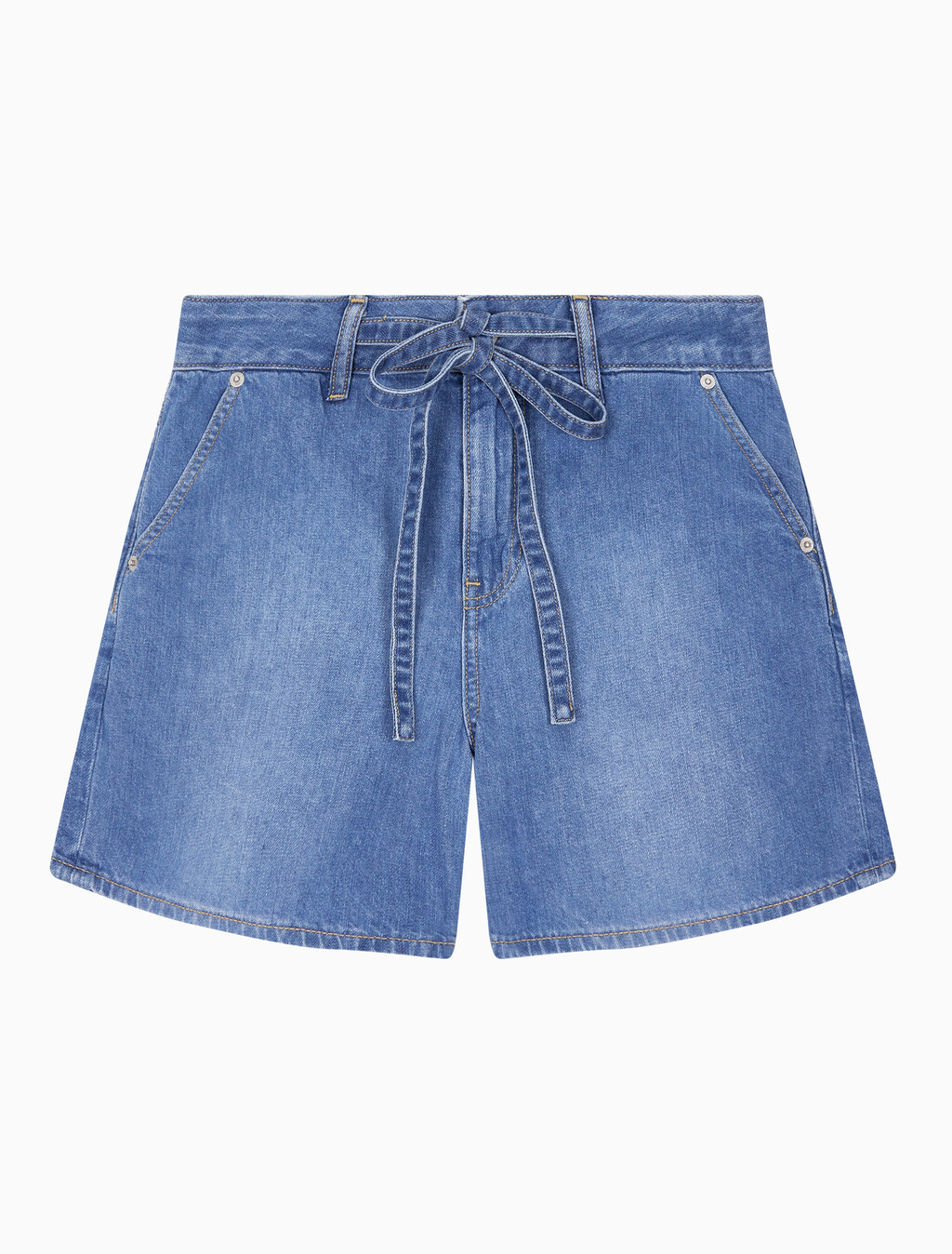 Buy 여성 하이라이즈 와이드 레그 데님 쇼츠 in color MID BLUE BACK EMBRO