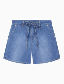 Buy 여성 하이라이즈 와이드 레그 데님 쇼츠 in color MID BLUE BACK EMBRO