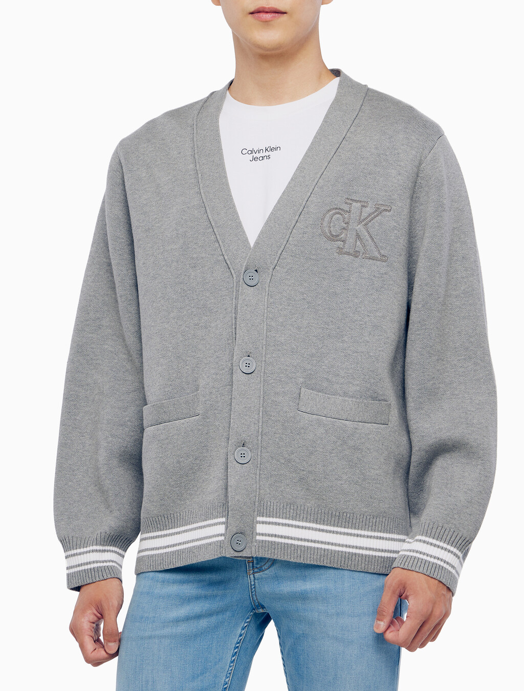 Buy 남성 바시티 가디건 스웨터 in color MID GREY HEATHER