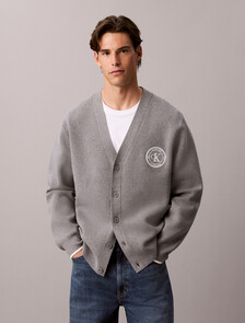 Buy 남성 이지 바시티 로고 가디건 in color MEDIUM GREY HEATHER