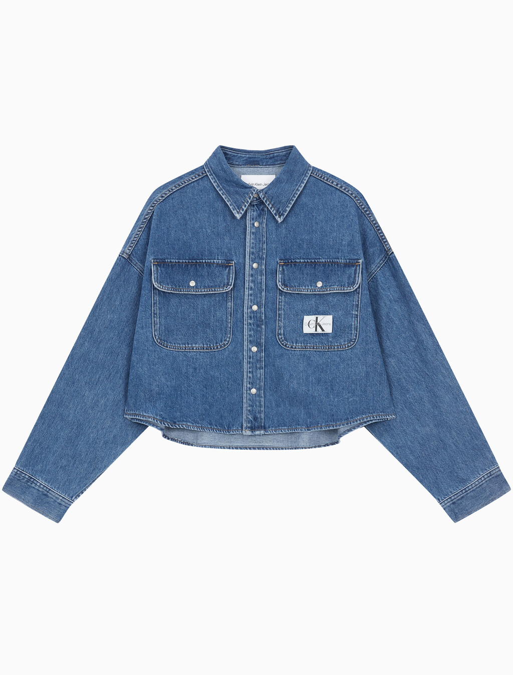 Buy 여성 오버사이즈핏 미드블루 크롭 데님 재킷 in color MID BLUE BACK EMBRO