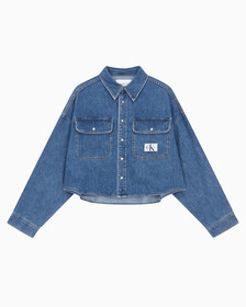 Buy 여성 오버사이즈핏 미드블루 크롭 데님 재킷 in color MID BLUE BACK EMBRO