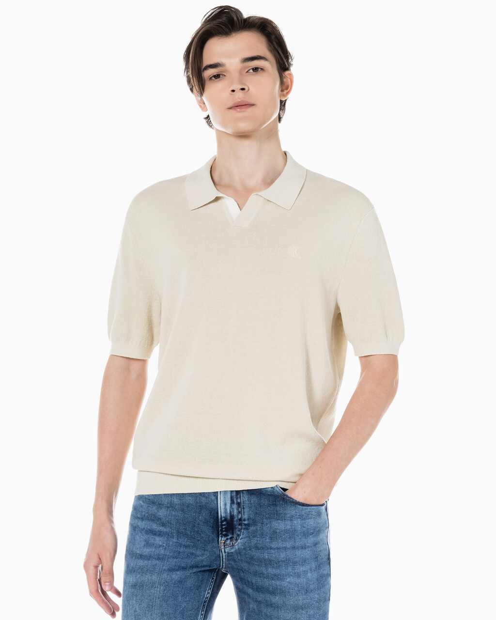 Buy 남성 엠브로이더리 로고 폴로 반팔 스웨터 in color BLUR FLORAL_BLACK