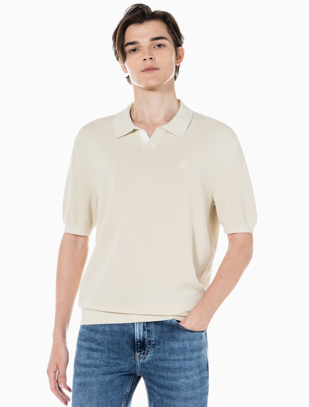 Buy 남성 엠브로이더리 로고 폴로 반팔 스웨터 in color BLUR FLORAL_BLACK