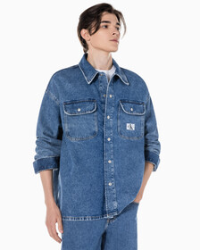 Buy 남성 박시 루즈핏 데님 셔츠 in color MID BLUE BACK EMBRO