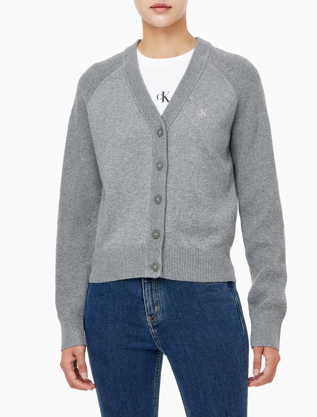 Buy 여성 브이넥 립 가디건 in color GREY