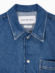 Buy 남성 데님 캠프 반팔 셔츠 in color MID BLUE BACK EMBRO