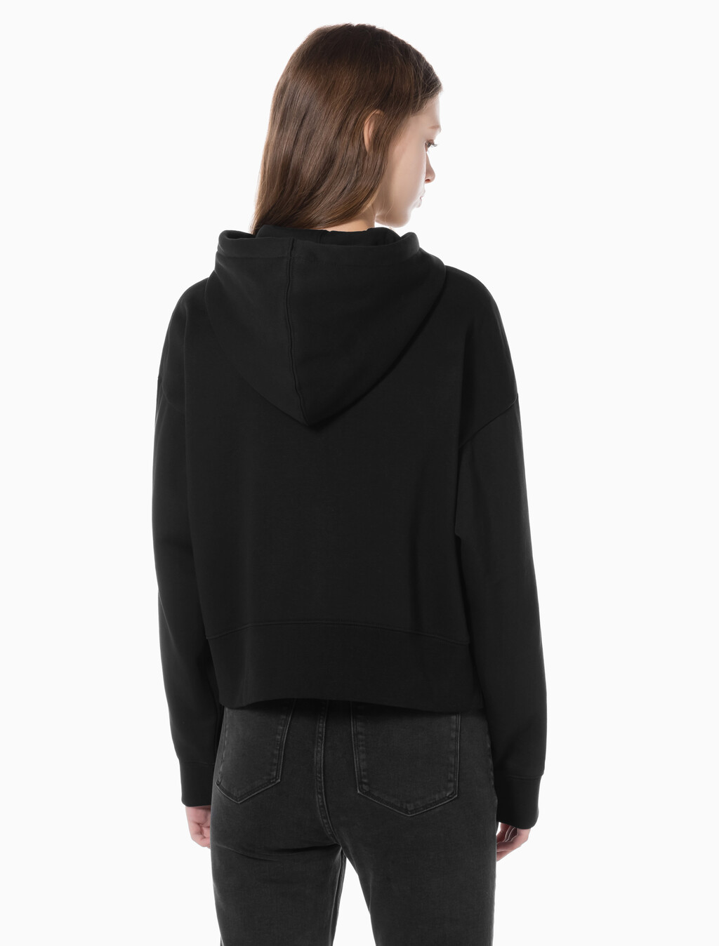 Buy 여성 아카이브 릴렉스핏 CK 스몰 로고 크롭 기모 후드 집업 in color BLACK