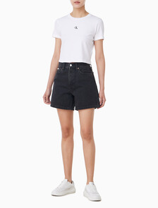 Buy 여성 하이라이즈 A라인 블랙 데님 쇼츠 in color CK ESSENTIAL BLACK