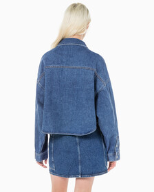 Buy 여성 오버사이즈핏 미드블루 크롭 데님 재킷 in color MID BLUE BACK EMBRO