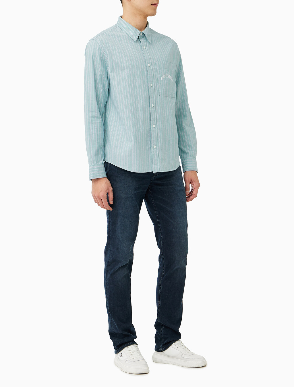 Buy 스트라이프 워시드 옥스포드 이지셔츠 in color Wild Green