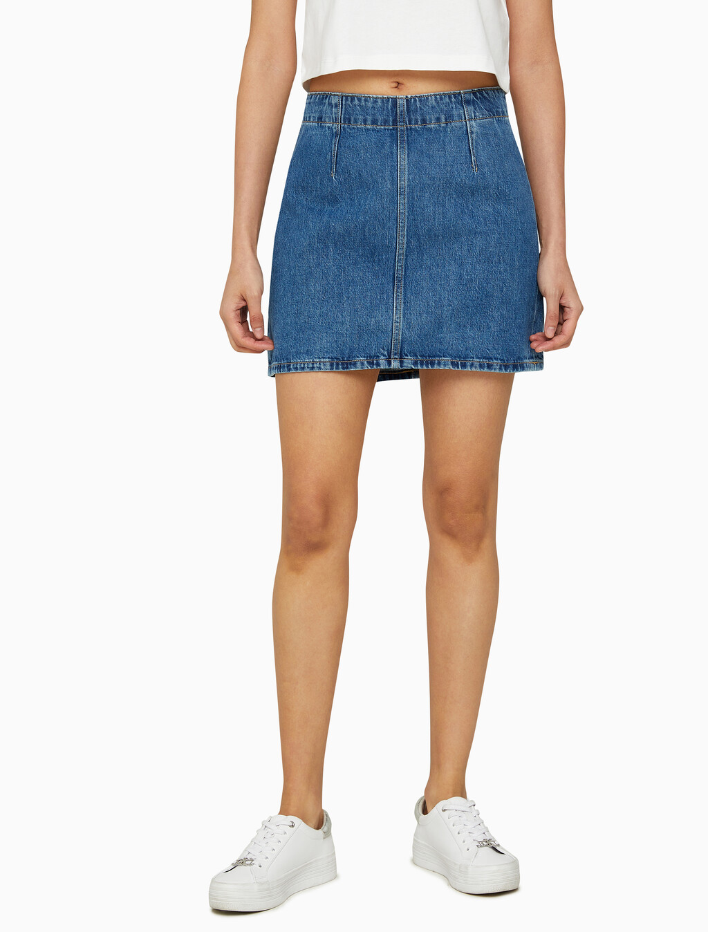 Buy 여성 미드라이즈 A라인 다티드 미니 스커트 in color MID BLUE BACK EMBRO