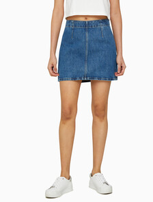 Buy 여성 미드라이즈 A라인 다티드 미니 스커트 in color MID BLUE BACK EMBRO