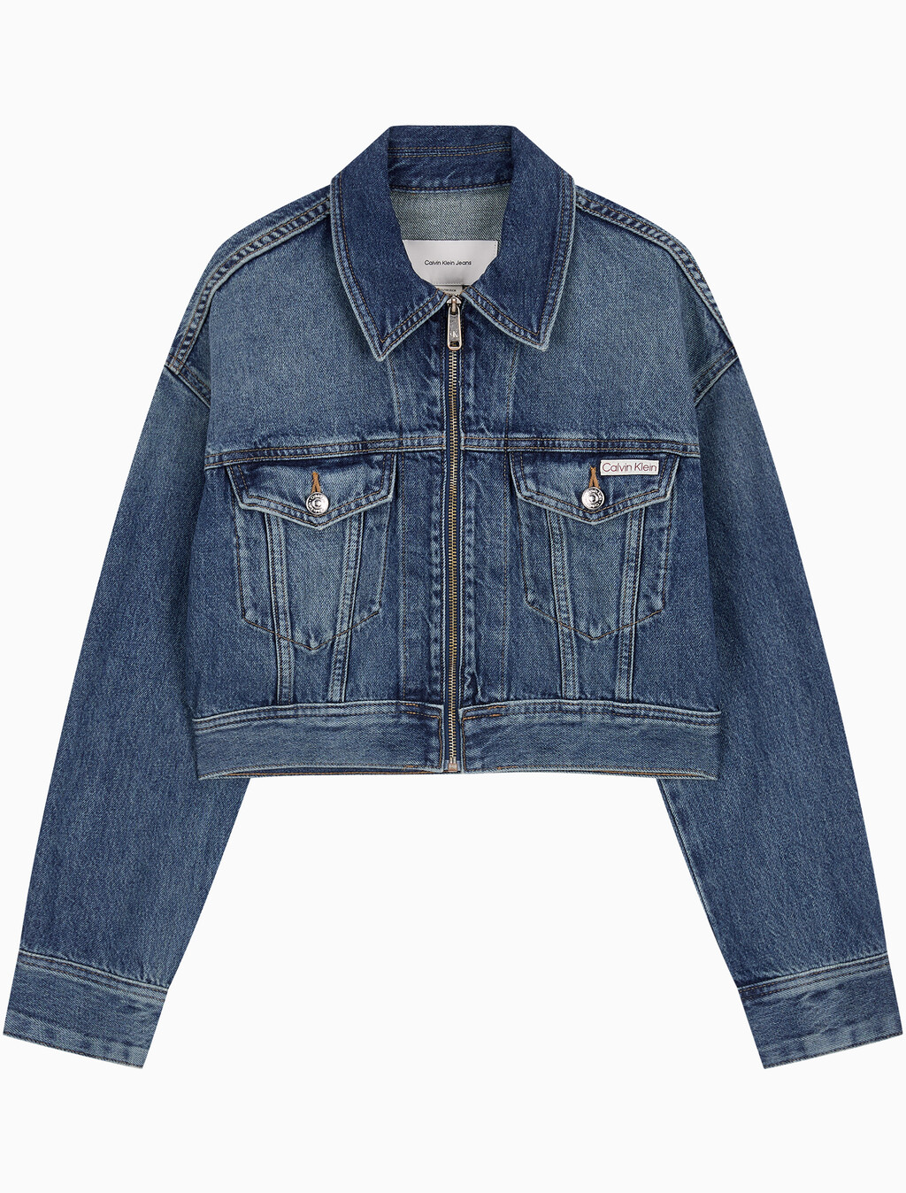 Buy 여성 크롭 미드 블루 데님 자켓 in color denim