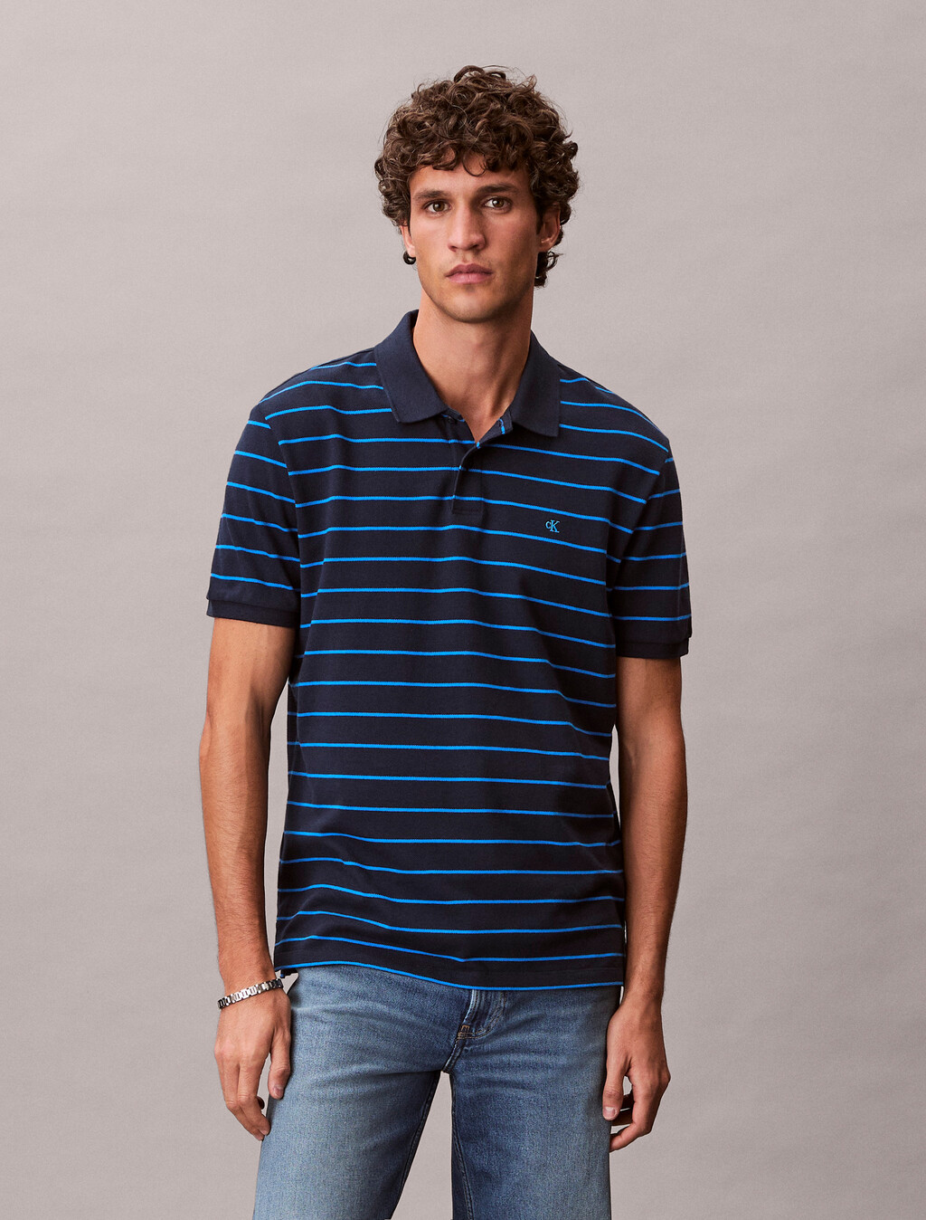 Buy 스트라이프 피크 모노그램 폴로 티 in color DARK SAPPHIRE