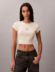 Buy 여성 스트라이프 모노로고 베이비립 티 in color Yellow