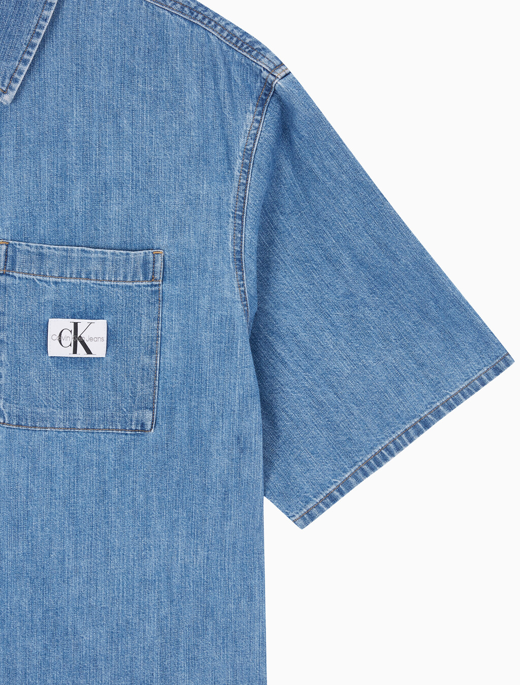 Buy 남성 캠프 반팔 데님 셔츠 in color MID BLUE BACK EMBRO