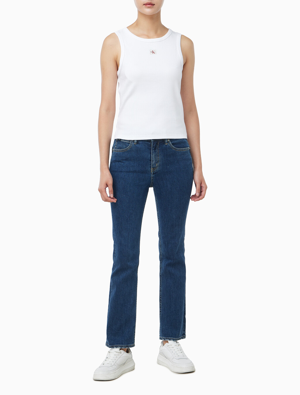 Buy 여성 우븐라벨 코튼 립 탱크 탑 in color BRILLIANT WHITE