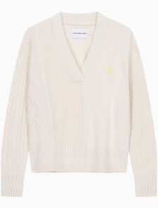 Buy 여성 케이블 인터레스트 브이넥 풀오버 울 스웨터 in color BLUR FLORAL_BLACK