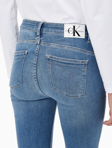 Buy 여성 하이라이즈 바디 슬림핏 부츠컷 미드블루 앵클 데님 in color MID BLUE BACK EMBRO